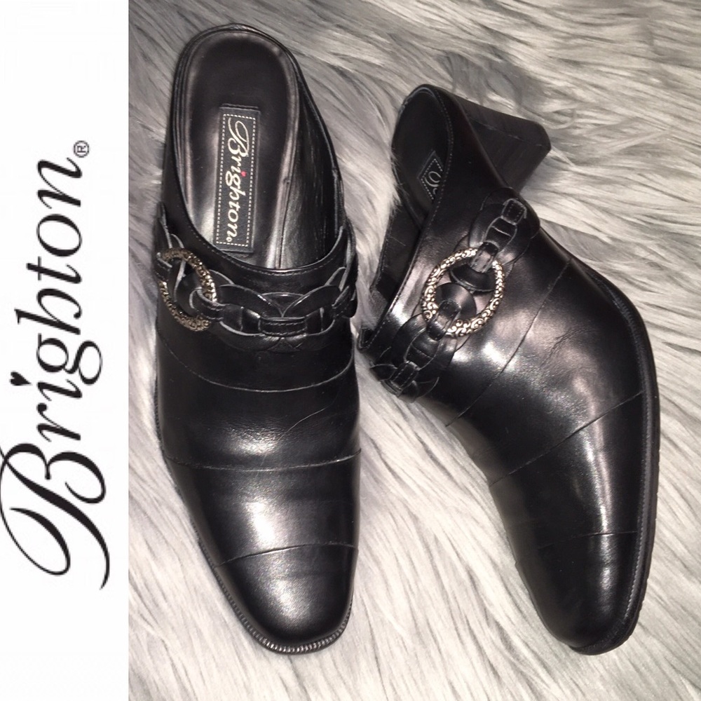 Brighton Black Leather Mule Clogs with Chain Accent